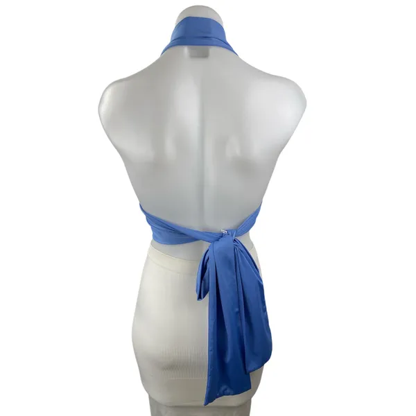 Princess Polly Blue Sleeveless Halter Plunge Neck Tie Back Crop Tank Top Size 4 - Image 2