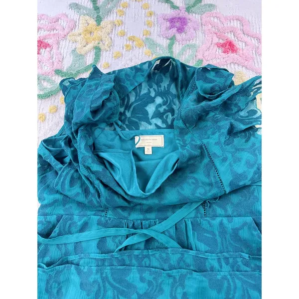 Moulinette Soeurs anthropologie Teal‎ Lace Overlay Flutter Sleeve 14 dress - Image 6