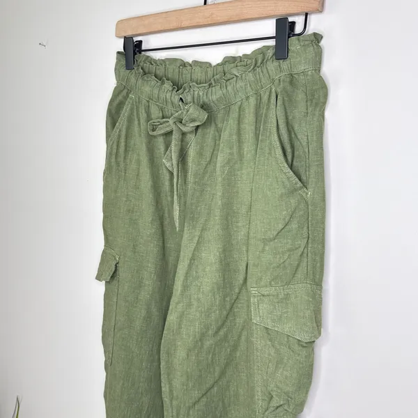 Aerie Women's Small Paperbag Linen Blend Cargo Joggers Green Pull-On Summer‎ - Image 2
