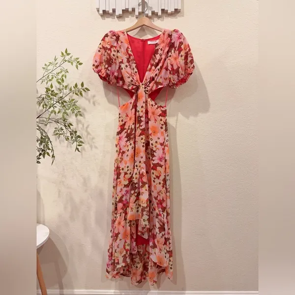 ASTR Jennell Summer Boho Maxi Dress Wedding Guest Vacation in Brown Red Floral - Image 6
