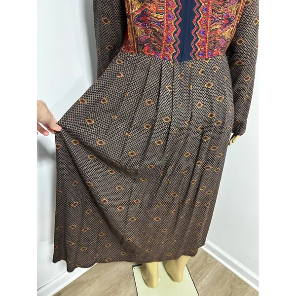 Vintage First Focus NWT Paisley Geometric Maxi Dress Brown Red Size 13/14 Retro - Image 7