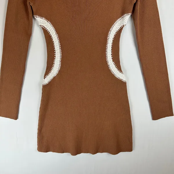 Mon Renn Brown Ribbed‎ Knit Mini Dress Long Sleeve Crochet Trim Detail Small - Image 5