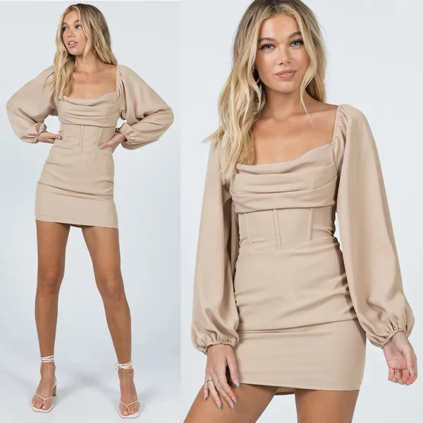 Princess Polly Lillie Beige Corset Mini Dress Long Sleeve Bodycon US 12 EUC - Image 2