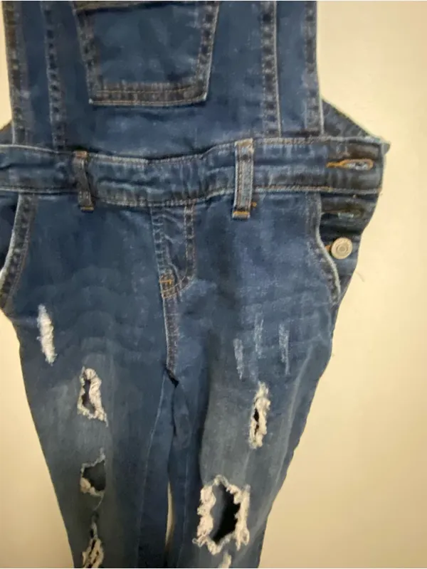 I&M Jeans Womens Dark Blue Wash Denim Overalls Pants S Small 29” Distressed - Image 4