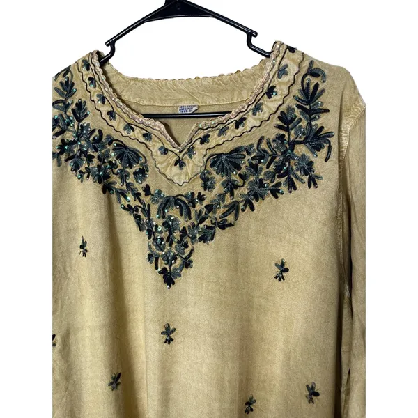Beige Embroidered Long Sleeve‎ Pullover V Neck Bohemian Top Free Size Womens - Image 2