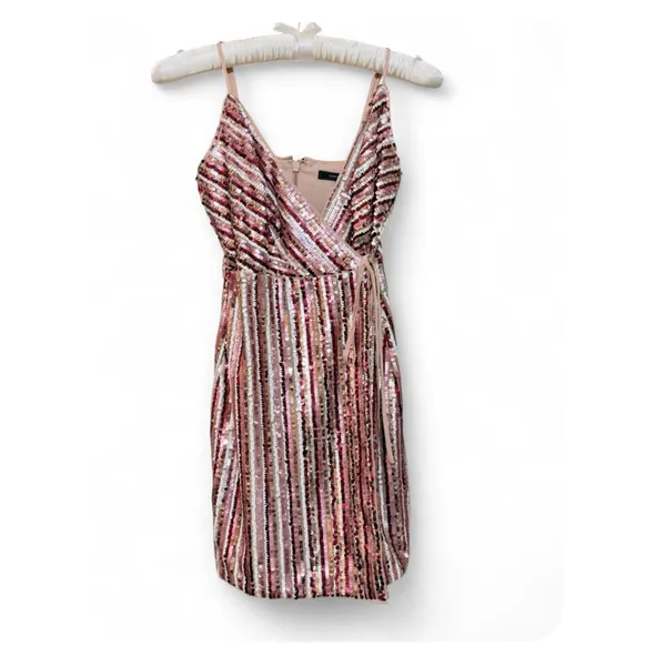 BcbgMaxAzria Sleeveless Bare Pink Combo Sequence Faux Wrap Mini Dress Size 2 - Image 2