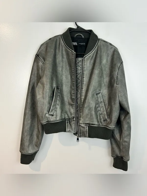 Zara Grey Zip Up Faux Leather Vegan Bomber Jacket Size Medium - Image 2