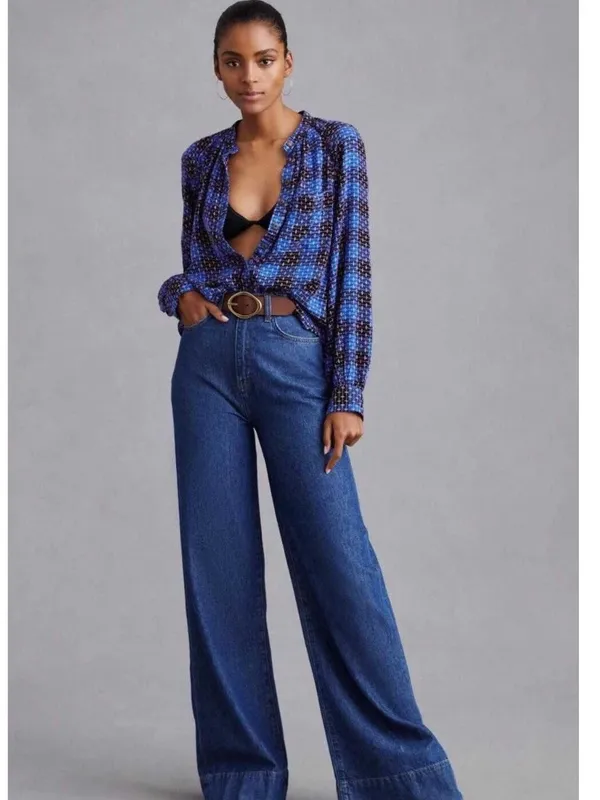 Anthropologie Pilcro Button Up Womens XS Blue Embroidered Plaid Crew Neck Blouse - Image 3