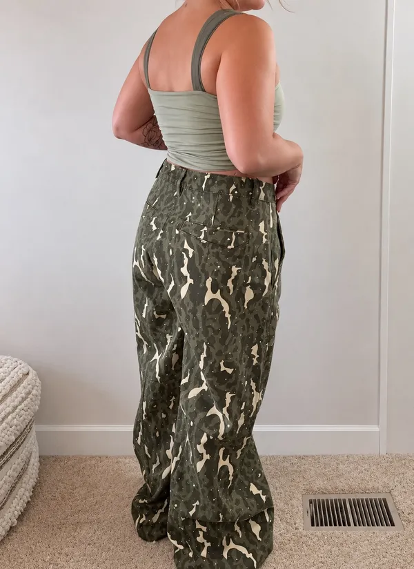 American Bazi Olive Camo Rhinestone Wide Leg Pants High Rise NWT Size L - Image 3
