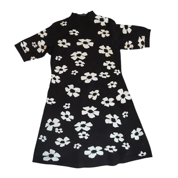 Scoop Black White Floral Knit Mock Neck Mini Sweater Dress SC2502152CM Womens M - Image 2
