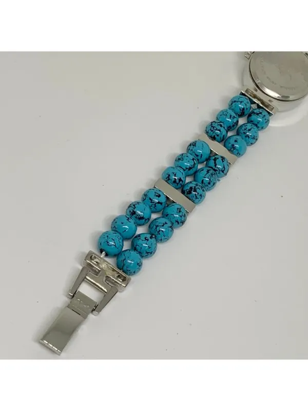 turquoise beaded bracelet silver tone women watch mop dial 19mm oval 7” running - Image 8