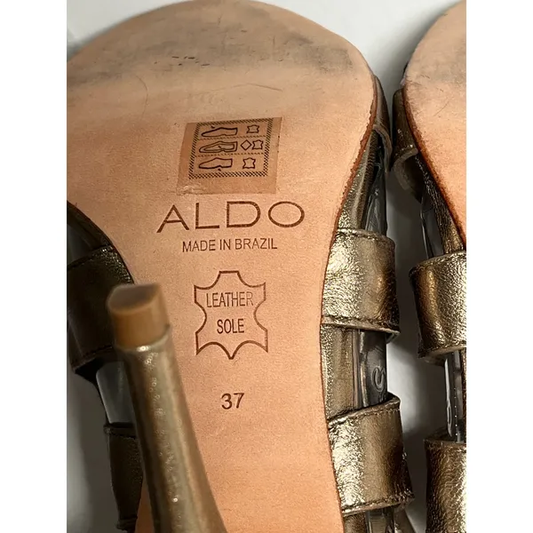 ALDO Metallic Gold Lace Up Gladiator Stiletto Sandals Leather Sole Womens 37‎ - Image 8