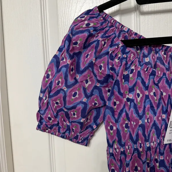 NWT Banjanan‎ Halo Cotton Top Blouse Abstract Print Smocked Puff Sleeve Purple M - Image 3