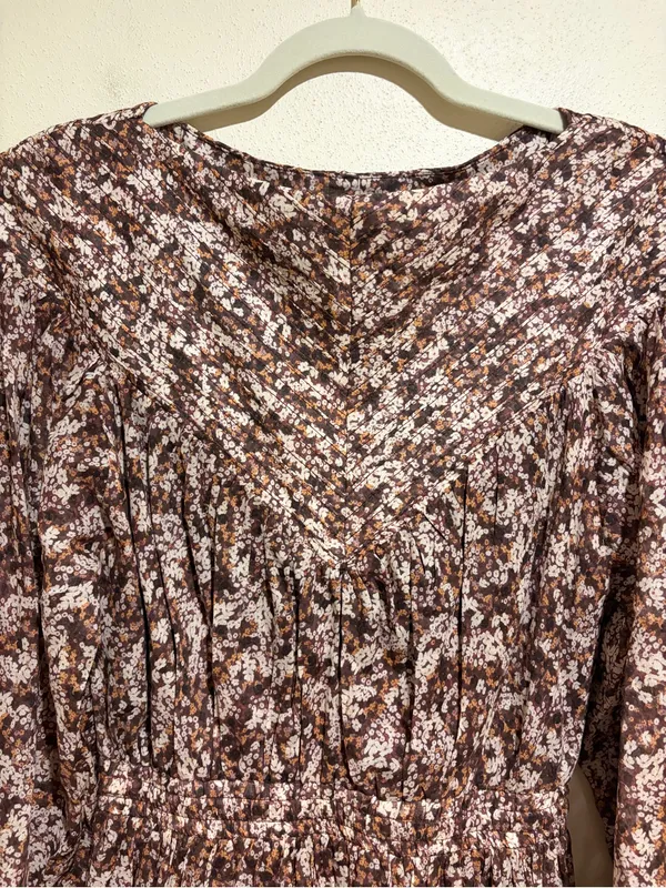 Shona Joy Grace Pin Tuck Tiered Midi Dress Brown Floral Cottagecore Prairie 2 - Image 11