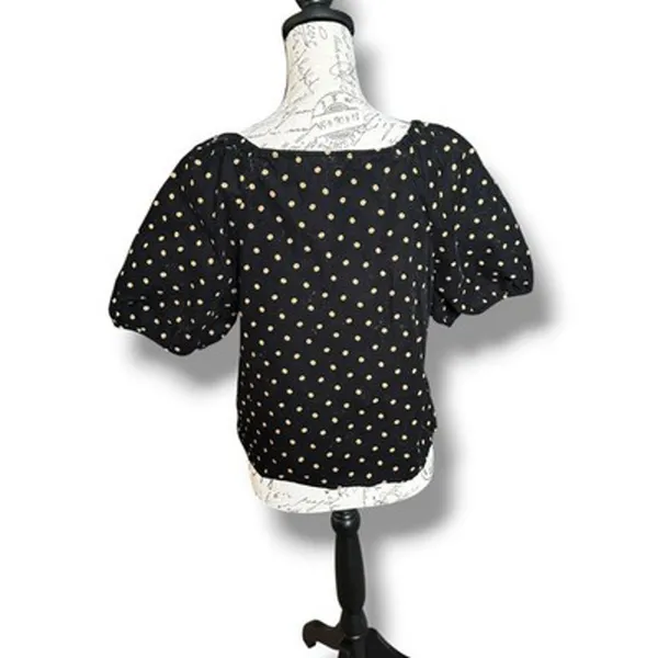 Madewell Corduroy Puff Sleeve Black Brown Polka Dot Faux Wrap V-Neck Top Medium - Image 4
