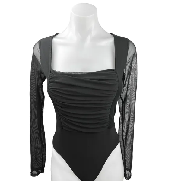 Nasty Gal Black Mesh Long Sleeve Ruched Square Neck Thong Bodysuit Top Size 4 - Image 6