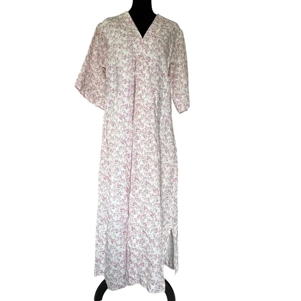 Brooke Wright Floral Kaftan Dress Womens Medium Pink Purple Cotton Linen Maxi‎ - Image 3