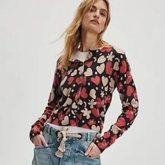 NWT!! FREE PEOPLE Nocturnal Patterned Cardi Black Retro Combo Hearts Floral XS - Image 4