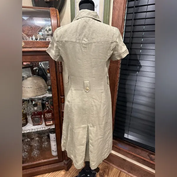 Anne Klein A-Line 100% Linen Safari Shirt Dress Khaki Green Utility Midi Size 4 - Image 5