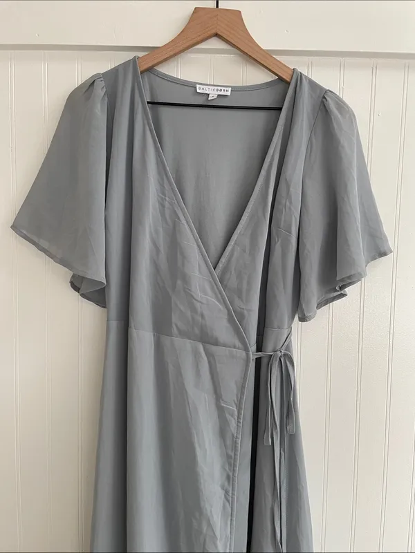 BALTIC BORN Flutter Sleeve Maxi Wrap Dress in Dusty Blue Gray Size S - Image 4