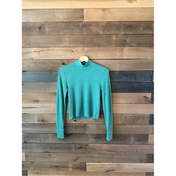 American Eagle Ribbed Mock Neck Long Sleeve Crop Top Teal Green - Image 2