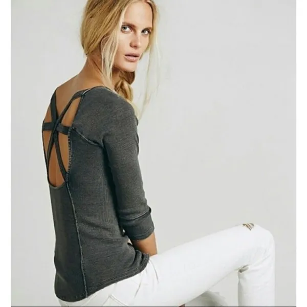 Free People FP Star Crossed Ribbed Knit Tee in distressed dark gray WOMENS XS - Image 8
