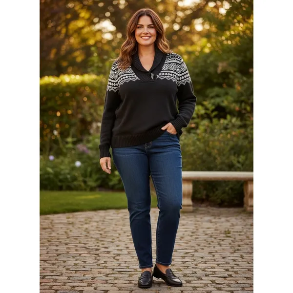Lauren Ralph Lauren Fair Isle Shawl Collar Toggle Sweater Black White 1X Cotton - Image 10
