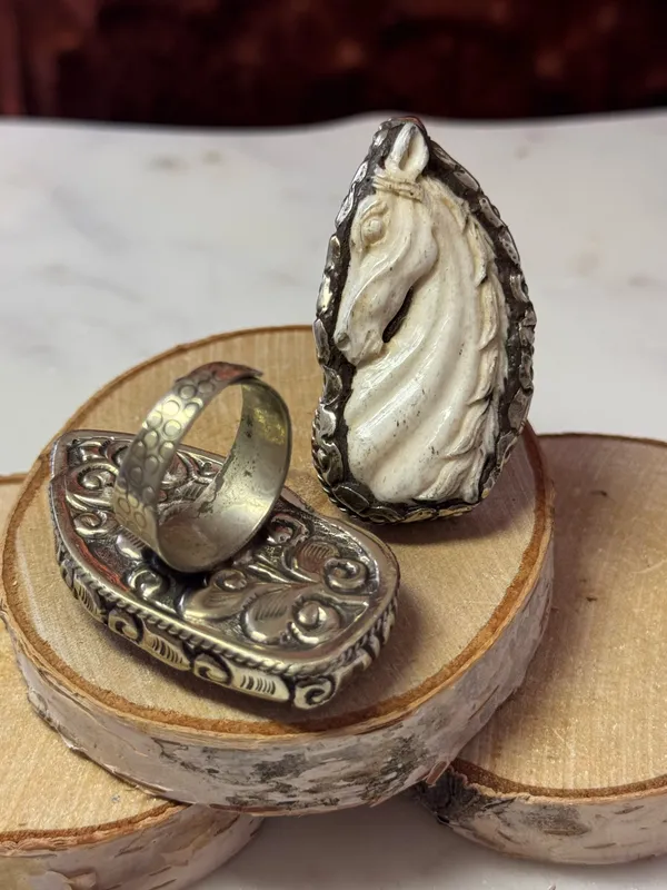 Elegant Horse Hand-carved Bone set in Tibetan Silver, Adjustable Sizing - Image 4