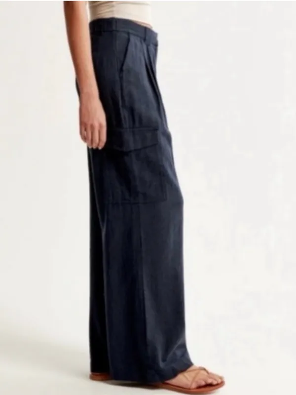Abercrombie & Fitch Linen Blend Navy Wide-Leg Cargo Pants size Small - Image 7