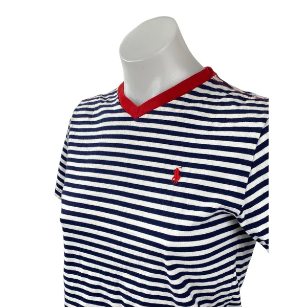Polo Ralph Lauren White Navy Striped V Neck Short Sleeve Basic Tee T-Shirt Top S - Image 3