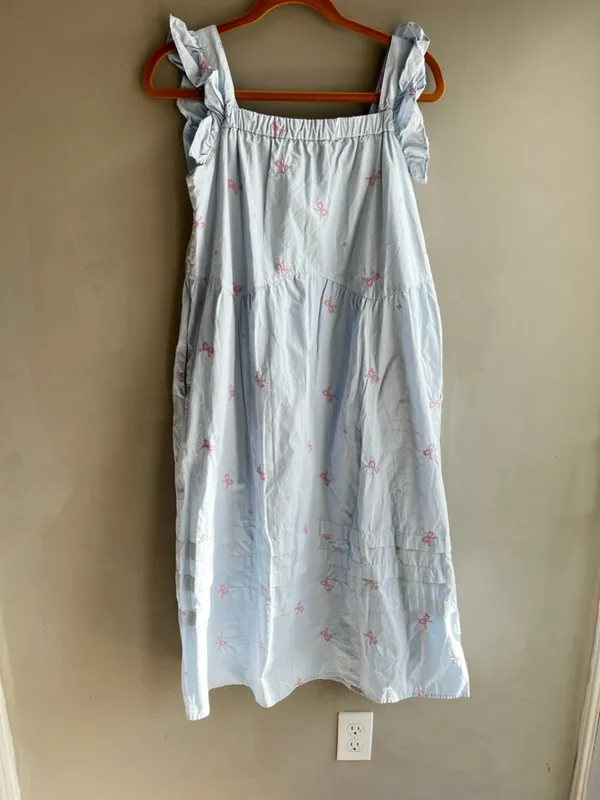 Light Blue Women’s Ruffle-Sleeve Dress with Pink Bow Embroidery Cotton Summer M - Image 9