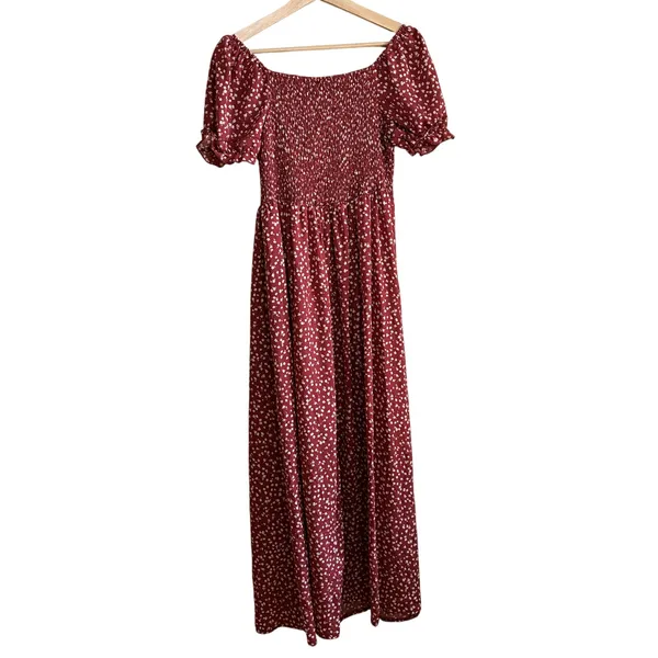 Shein cottagecore red polka dot shirred smocked maxi dress women's L side slit - Image 6