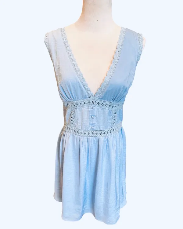 NWT ASOS Light Blue Mini Dress Vneck Sleeveless Crochet 6 S - Image 2