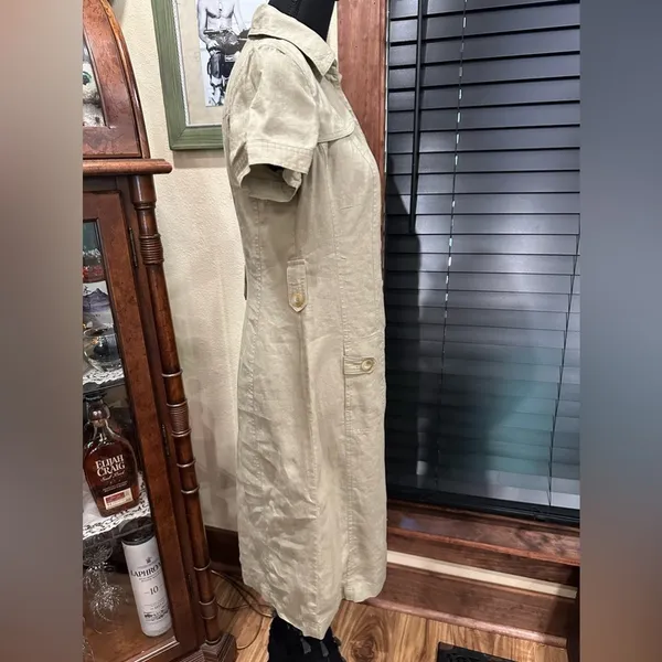 Anne Klein A-Line 100% Linen Safari Shirt Dress Khaki Green Utility Midi Size 4 - Image 6