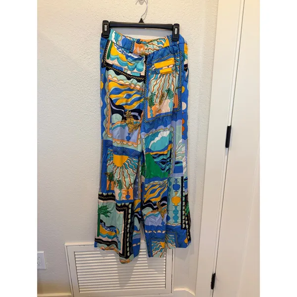 Maeve Anthropologie Sunshine Wide-Leg Pants Blue Tropical Scarf Print Size 4 - Image 7