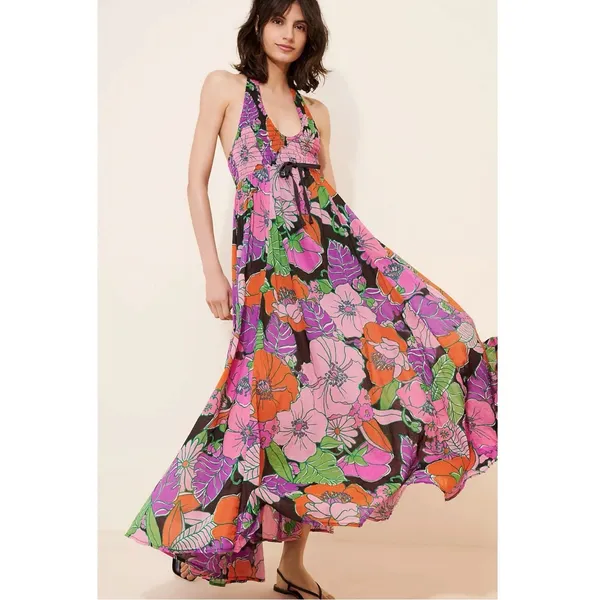 Free People Bohemian Retro 70s Beachy Bayside Florals Halter Maxi Dress Small - Image 2