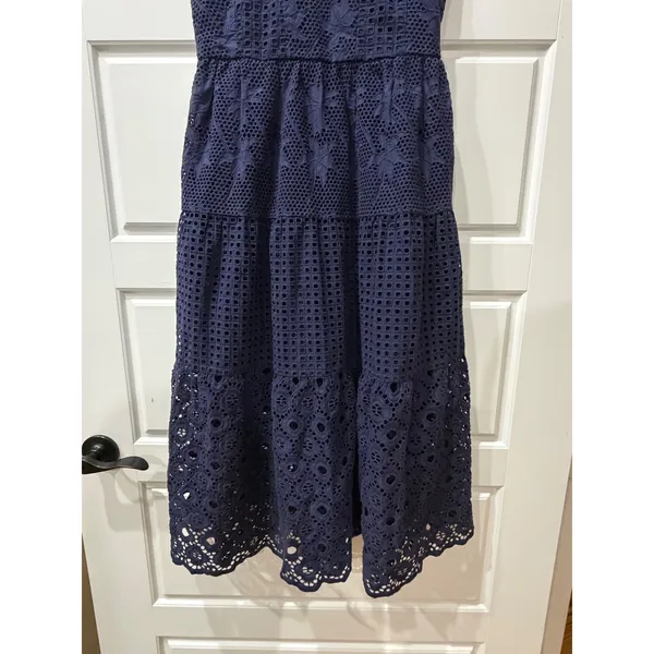 Crown & Ivy Navy Eyelet Midi Dress Sewing Down South Size 4 Preppy Coastal - Image 4