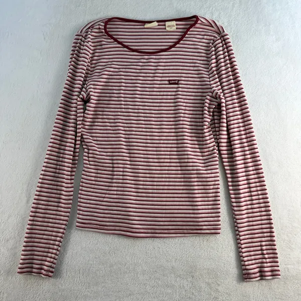 Y2K Style Levis Large‎ Top Long Sleeve Striped Ribbed Knit Essential Crew Neck - Image 3