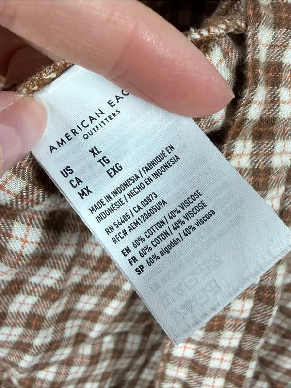 American Eagle Brown White Plaid Button Down Oversized Flannel - Image 3