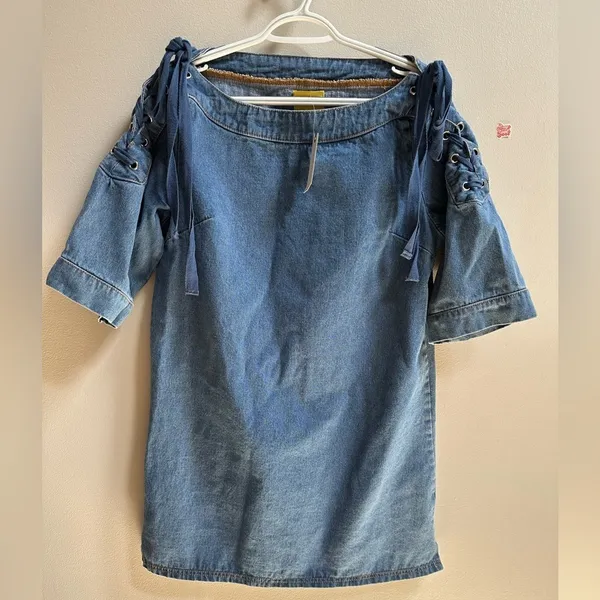 NEW Anthropologie Maeve Denim‎ Mini Shift Dress w/ Lace Up Shoulders Women’s S - Image 5