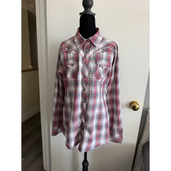 Ariat Women's L Cher Plaid Snap Western Shirt Studded Red Gray NWT - Image 2