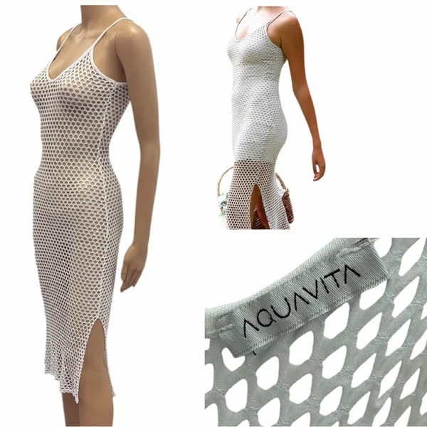 Aquavita White Open Mesh Net Midi Slit Coverup Dress Womens Small - Image 3