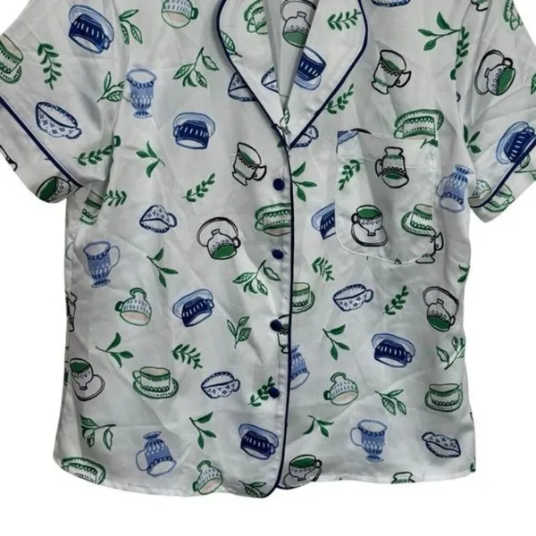Kate Spade Blue Green Novelty Coffee Print Satin Pajama‎ Top Cozy Feminine XS - Image 4