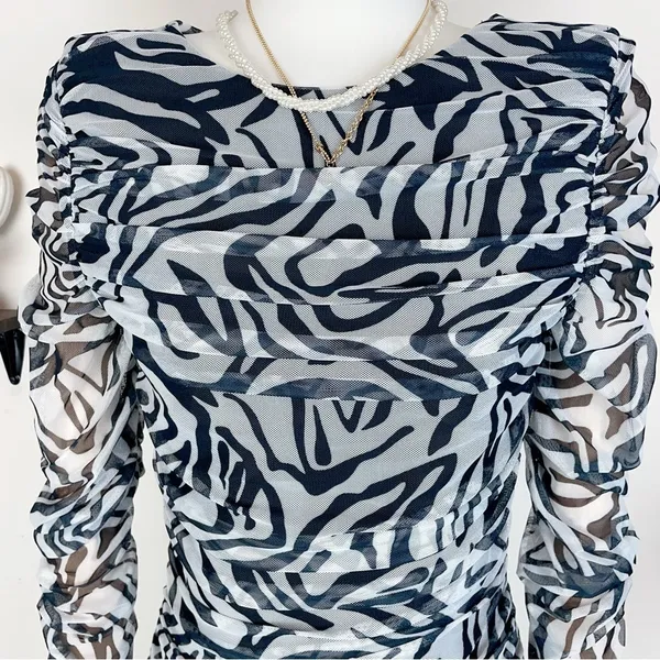 Elliatt Bernice Mesh Long Sleeve Ruched Cocktail Mini Dress Black White - Image 3