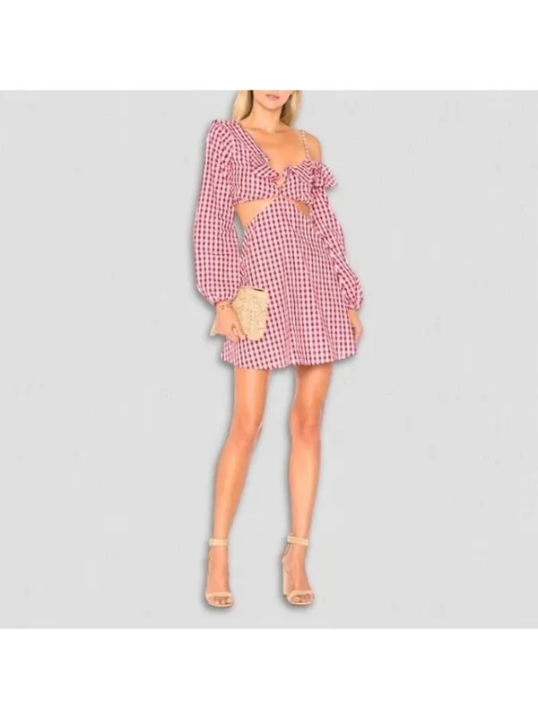Lovers and Friends Gingham Red One Shoulder Mini Dress M - Image 2
