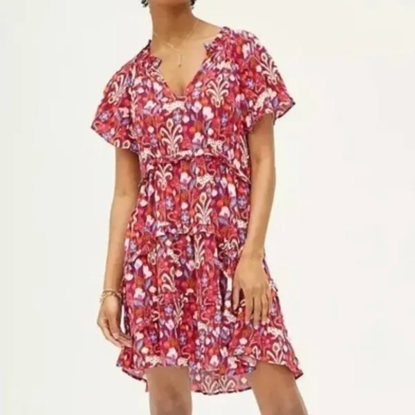Anthropologie Robin Tiered Mini Dress Size XS Red Floral Ikat Ruffle Boho V Neck - Image 11