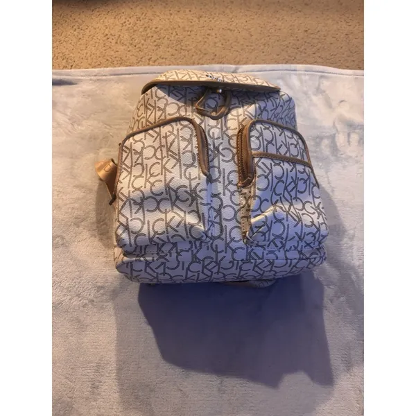 Calvin Klein Monogram Logo Backpack White Tan - Image 3