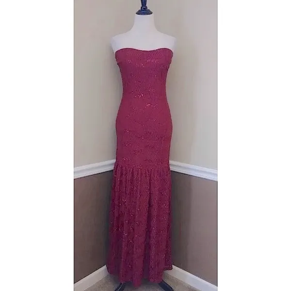 Strapless Burgundy Lace Maxi Dress with Sequins Mermaid Formal Party Holiday - Image 2