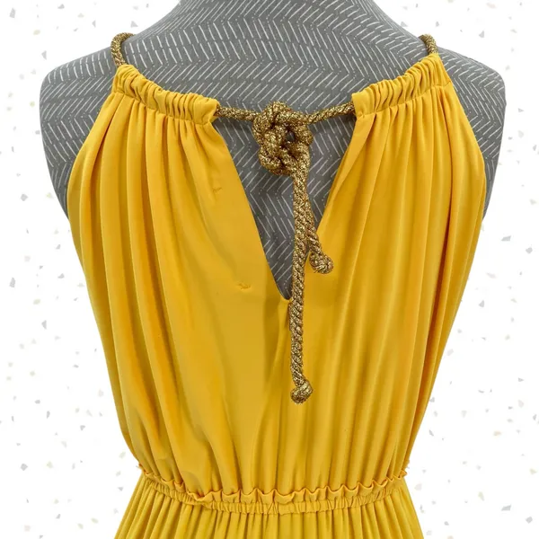 Yellow Goddess Maxi Dress Gold Rope Halter Tiered Long Resort T Bags LA Size S - Image 3