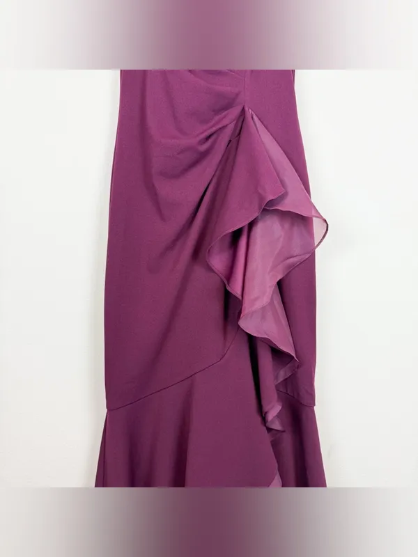 Adrianna Papell High Low Crepe Halter Gown Organza Draping In Cabernet Size‎ 4 - Image 10